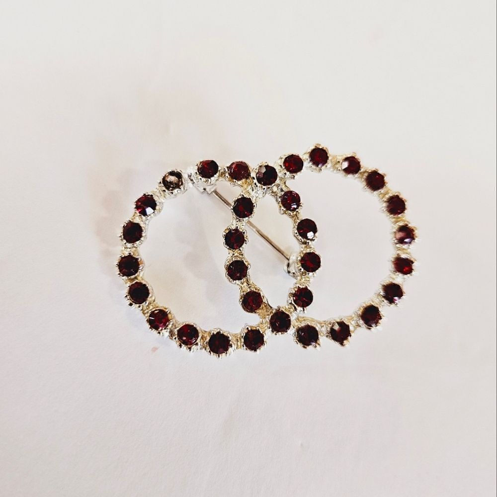 Vintage Red Burgundy Rhinestone Studded Silver Tone Circle Open Work Pin Brooch